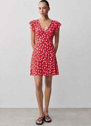 Платье pepe jeans  xs, s, модель mila, вискоза, летнее красное с цветочным принтом и оборками на рукавах, червона міні сукня у квітковий принт