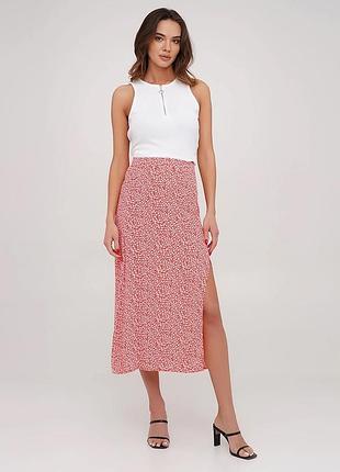 Юбка миди h&m s, xs, m, вискоза, натуральная ткань, красная в мелкий белый цветочный принт, красная юбка в белый цветочек с разрезом, на высокой талии