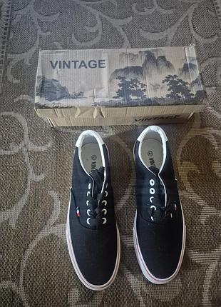 Кеди чоловічі vintage чорні з білою підошвою та червоною стрічкою, розмір 41, текстиль