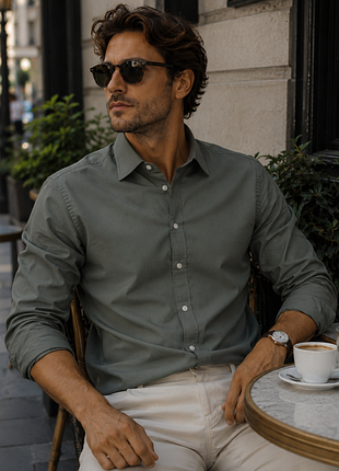 Шикарная приталенная рубашка цвета хаки h&m slim fit easy iron made in indonesia с биркой