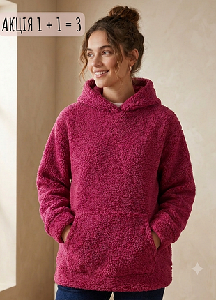 Пушистый худи тедди papaya малина / теплая кофта баранчик с капюшоном 50-52 xl