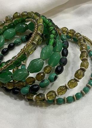 💚 багатошаровий винтажний браслет-змійка зі скляних намистин у смарагдово-оливкових тонах ✨