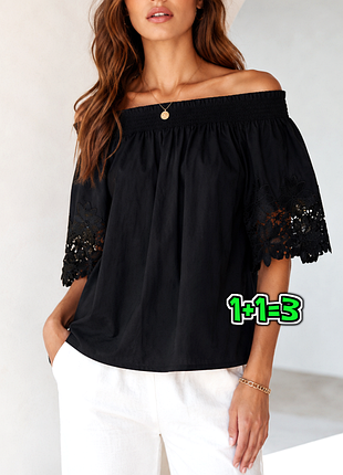 🎁1+1=3** блузка з відкритими плечами з мереживом на рукавах new look, розмір 44 - 46