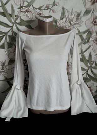 Primark белая блуза кофта кофточка блузка с широкими рукавами клеш с ремешками лонгслив лонгвов в рубчик