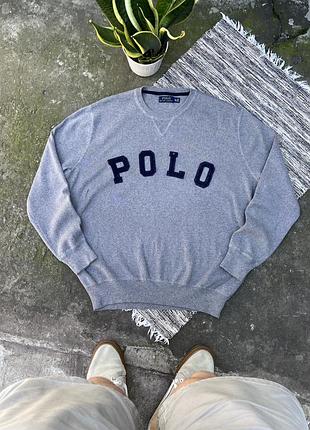 Вінтажний сірий светр polo ralph lauren з великим вишитим логотипом на грудях