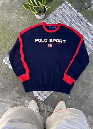 Вінтажний рідкісний синьо червоний светр polo ralph lauren sport з смужками на рукавах з великим вишитим логотипом