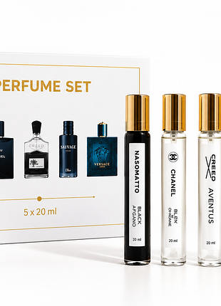 Набір чоловічих парфумів 5×20 мл creed aventus, dior sauvage, versace eros, bleu de chanel, nasomatto black afgano
