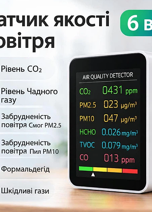 Монітор якості повітря для приміщень 6-в-1, детектор чадного газу, вуглекислого, датчик забрудненості повітря (pm10, pm2.5) та інші, кольоровий диспле