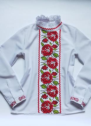 Детская рубашка вышиванка для девочки. белая блузка вышиванка. школьная блузка