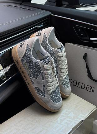 Замшевые женские кеды golden goose ball star in silver glitter with ice-gray suede inserts