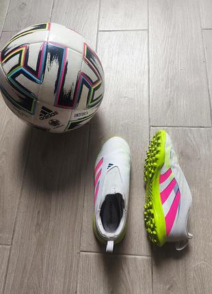 Детские сороконожки adidas predator league ll tf junior (артикул id3816) в расцветке белого цвета с розовыми и лимонным