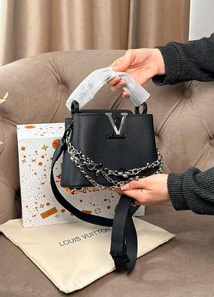 Louis capucines mini premium натуральная кожа брендовая мини сумочка черная с серебристой цепью