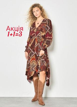 Віскозна міді сукня apricot red patchwork print volume sleeve dress