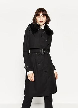 Zara черный плащ тренч с отстедным меховым воротником пальто с поясом двубортный