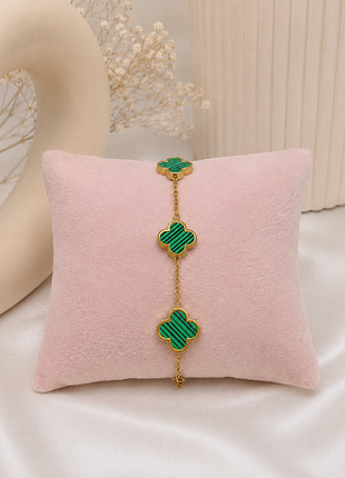 Вишуканий браслет у стилі van cleef «конюшина» (зелений малахіт, медична сталь)