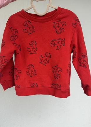 Червоний утеплений світшот h&m з принтом динозаврів / кофта на флісі 104 см (3-4 роки)