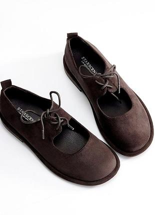 Трендовые замшевые графитовые туфли barefoot на завязках 36