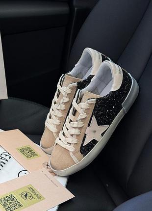 Замшевые женские кеды golden goose super-star in black glitter with cream star and suede inserts