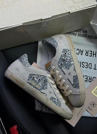 Замшевые женские кеды golden goose super-star in black glitter with cream star and suede inserts