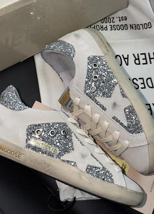 Замшевые женские кеды golden goose super-star in black glitter with cream star and suede inserts
