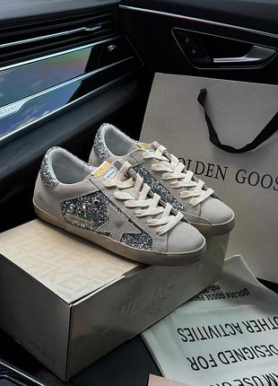 Замшеві жіночі кеди golden goose super-star in black glitter with cream star and suede inserts