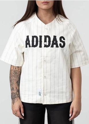 Жіноча сорочка в смужку adidas зі щільного котону молочного кольору в розмірі xs-s