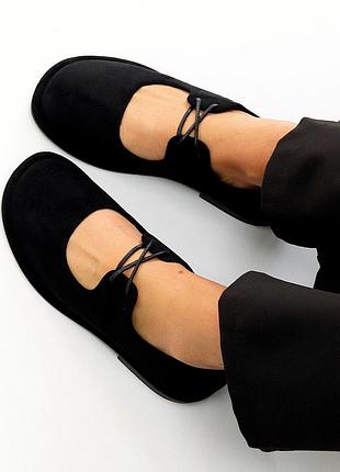 Трендовые замшевые черные туфли barefoot на завязках 36 39