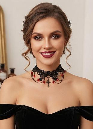 12-396 ажурный чокер на шею в стиле готика с крестиком и цепочками