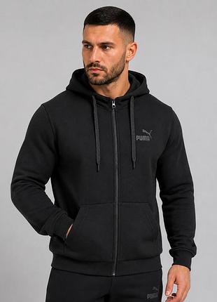 Чоловіча зимова кофта puma чорна на блискавці з капюшоном тринитка на флісі
