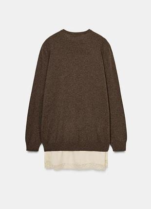 Свитер с кружевной рубашкой коричневый из шерсти zara