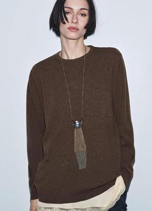 Свитер с кружевной рубашкой коричневый из шерсти zara