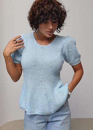 В'язана кофта з баскою та перлинами - блакитний цвет, one size (є розміри)
