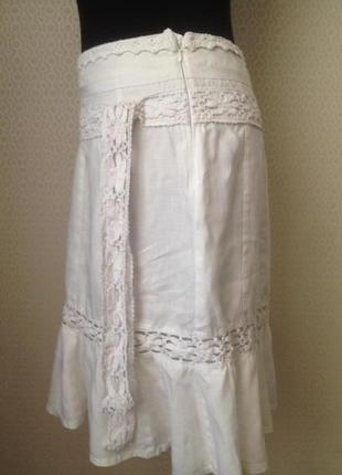 Нежная романтичная летняя льняная белая юбка с отделкой кружевом бренд  мехх размер l-xl)3 фото