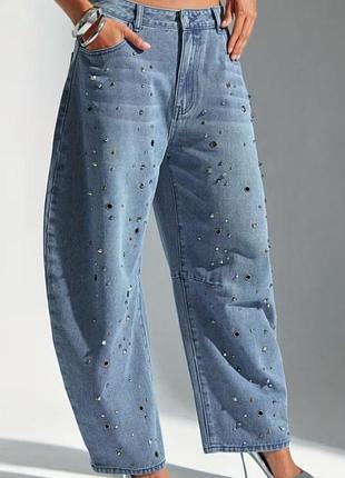 Женские джинсы wide leg с декоративными заклепками, голубые, м,ua 48