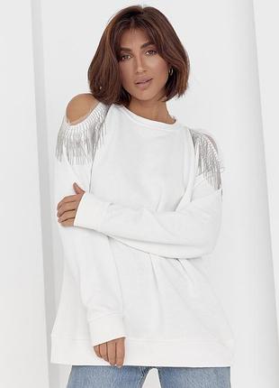 Женская кофта oversize с вырезами на плечах - молочный цвет, one size (имеется размеры)