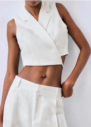 Лляна жилетка біла укорочена на завʼязках zara безрукавка топ