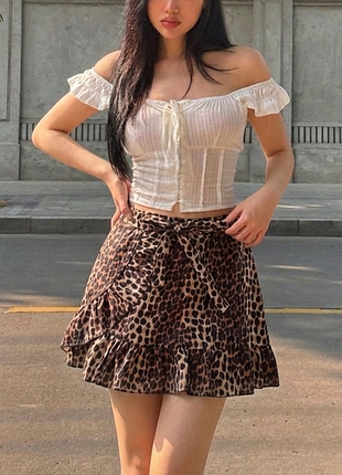 Леопардовый принт 🐆 мини-юбка с воланами 👗 трендовая короткая юбка с поясом 💥 размер xs-s