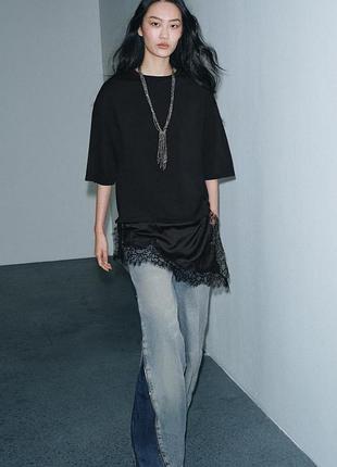 Стильная черная футболка zara с кружевом