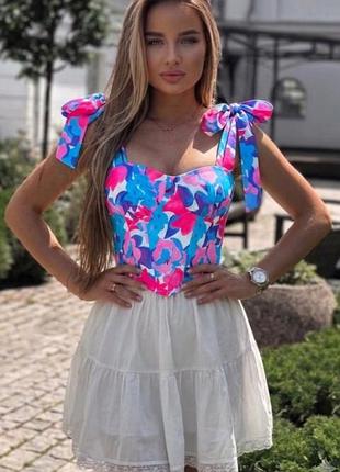 Жіночий корсет 💙гарний топ💙яскравий квітковий принт 🎀 корсетний топ із зав'язками 🌸 кроп топ 💖 літній корсет бюстьє