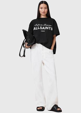 Новая черная хлопковая футболка кроя оверсайз allsaints avri с контрастным белым фирменным принтом «infinite summer  allsaints / london на груди.