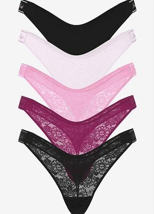 Набор разноцветных трусиков стринги 5шт pink victoria's secret 🎀