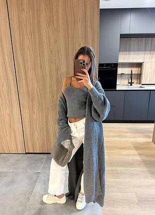 Накладний платіж ❤ 40% віскоза бавовна оверсайз вязаний кардиган максі з рукавами ліхтариками та розрізом топ на бретелях комплект