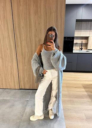 Накладний платіж ❤ 40% віскоза бавовна оверсайз вязаний кардиган максі з рукавами ліхтариками та розрізом топ на бретелях комплект
