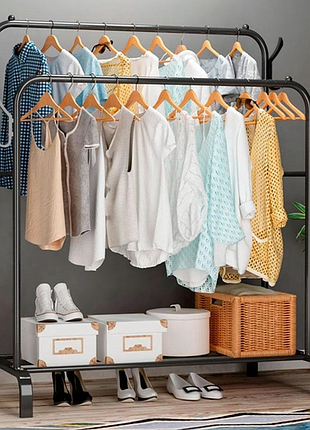Подвійна стійка – вішалка для одягу double floor hanger з полицею для взуття, ш104хг41.5хв152