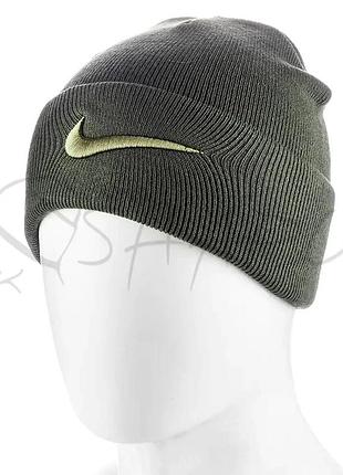 Шапка котонова подвійна з вишивкою на відвороті nike ottr556 темний хакі