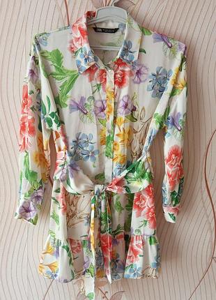 Zara — легка сукня-туніка з поясом, квітковий принт 🌸