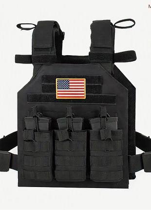 Универсальный жилет плитоноска с ситемой molle с флажком сша и тройным посумком для магазинов