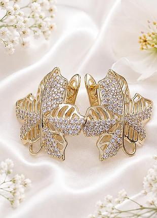 Сережки листочки медзолото xuping jewelry 18k. 2 см.