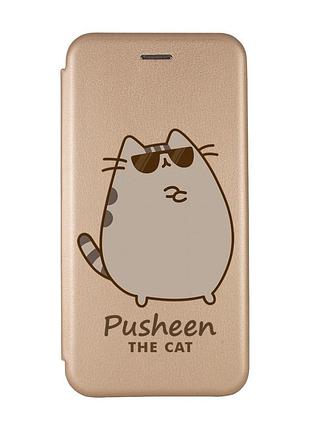Чехол-книжка золотой с рисунком на samsung galaxy a03 (a035) пушин кот (принт 424)