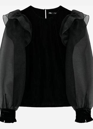 Чорна велюрова блуза zara з прозорими рукавами